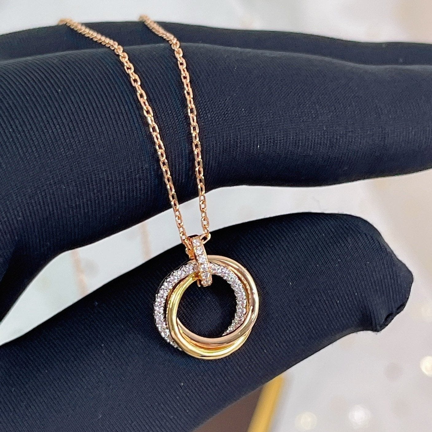 [✨ROSE💎]TRINITY NECKLACE SILVER GOLD PINK GOLD DIAMONDS