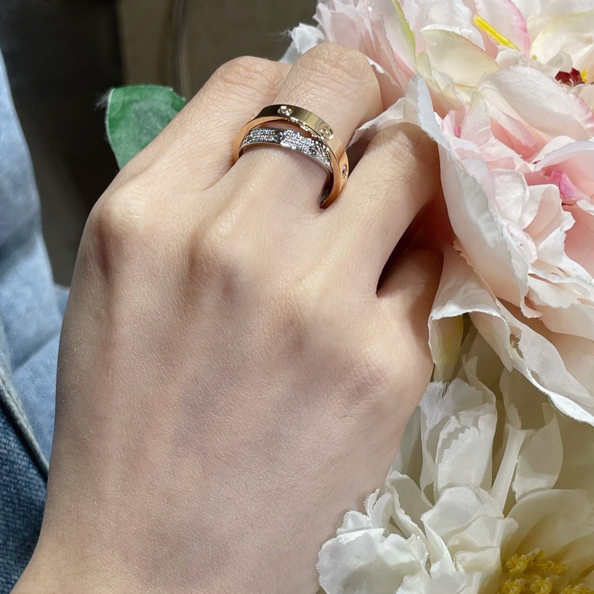 [✨ROSE💎]LOVE PINK GOLD SILVER DIAMOND DOUBLE RING