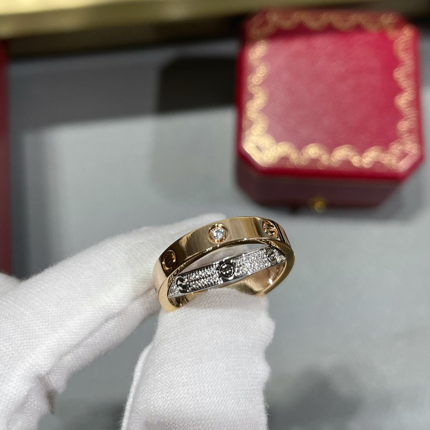 [✨ROSE💎]LOVE PINK GOLD SILVER DIAMOND DOUBLE RING