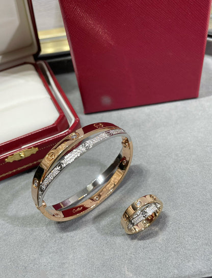 [✨ROSE💎]LOVE PINK GOLD SILVER DIAMOND DOUBLE RING