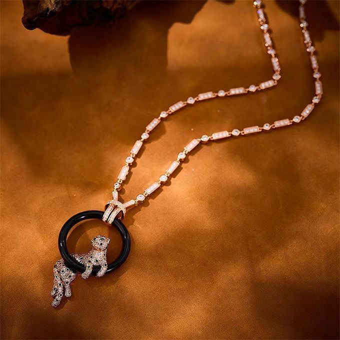 [✨ROSE💎 jewelrys]NEW BLACK CIRCLE PANTHER FULL DIAMOND NECKLACE