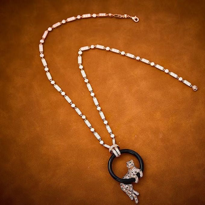 [✨ROSE💎 jewelrys]NEW BLACK CIRCLE PANTHER FULL DIAMOND NECKLACE