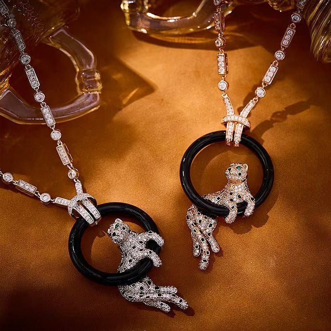 [✨ROSE💎 jewelrys]NEW BLACK CIRCLE PANTHER FULL DIAMOND NECKLACE