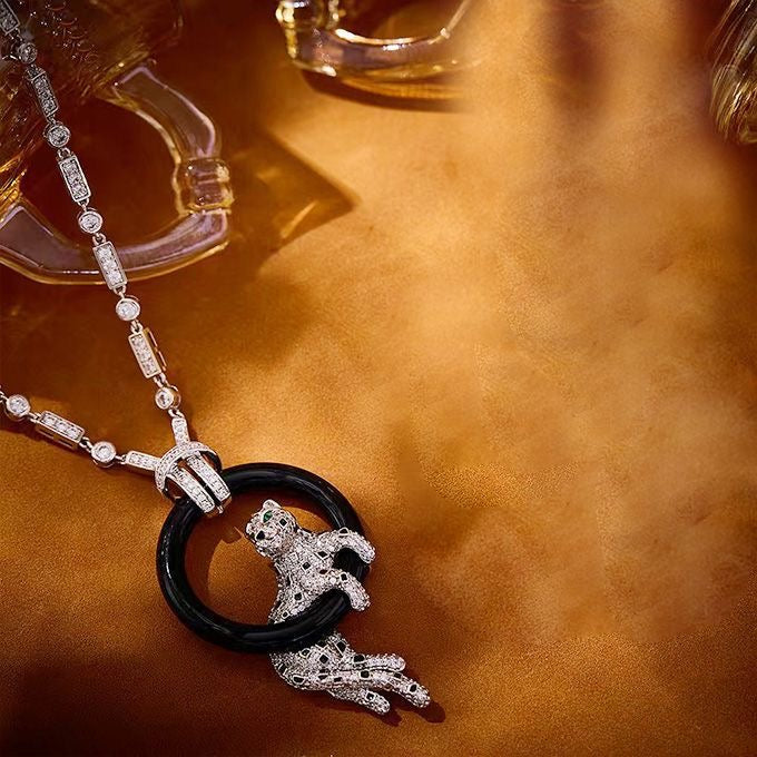 [✨ROSE💎 jewelrys]NEW BLACK CIRCLE PANTHER FULL DIAMOND NECKLACE