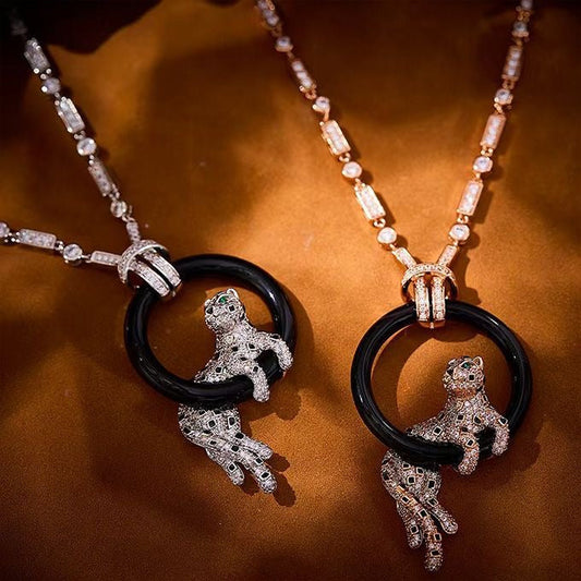 [✨ROSE💎 jewelrys]NEW BLACK CIRCLE PANTHER FULL DIAMOND NECKLACE