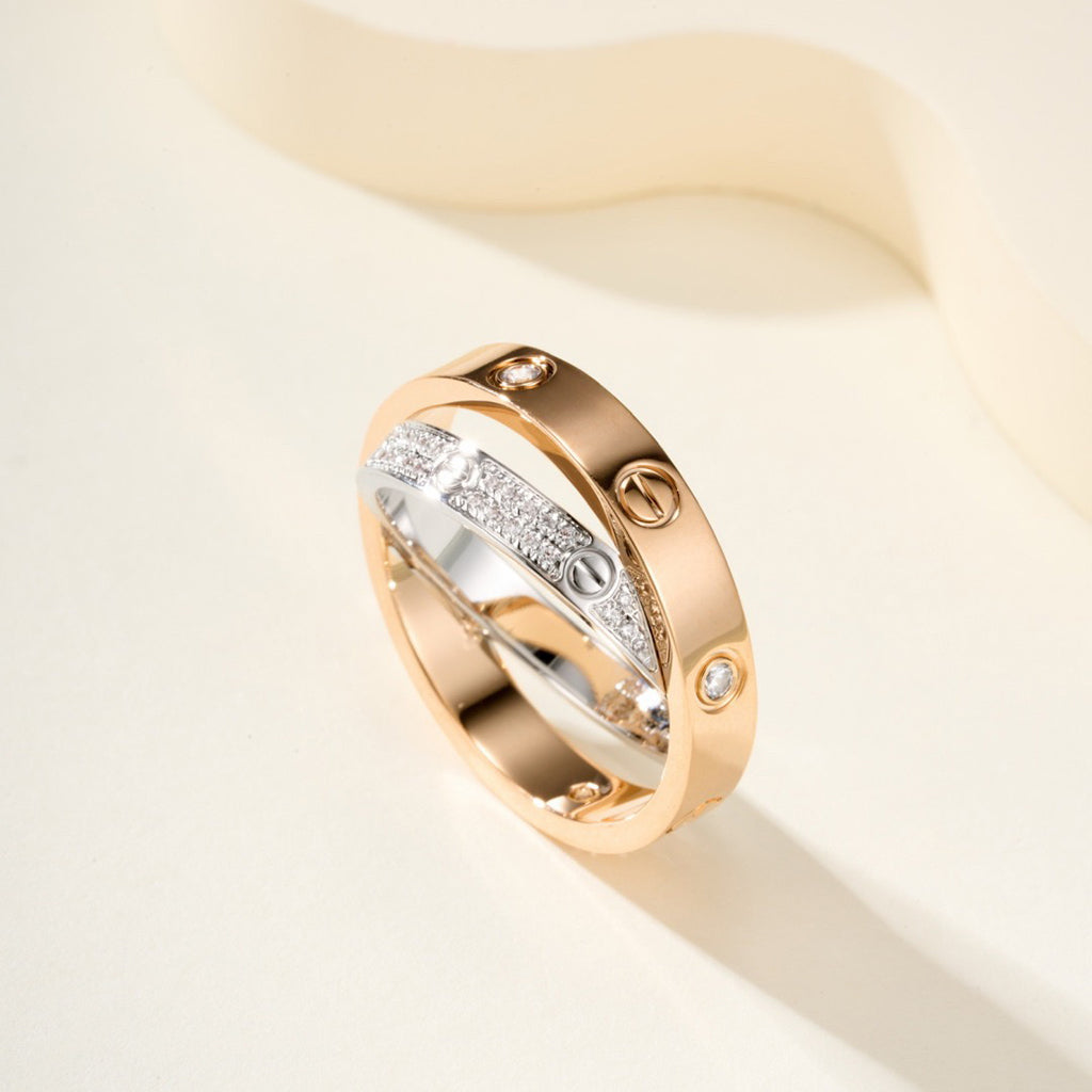 [✨ROSE💎]LOVE PINK GOLD SILVER DIAMOND DOUBLE RING