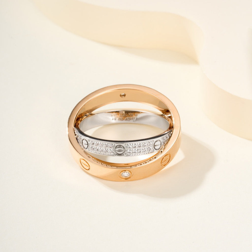 [✨ROSE💎]LOVE PINK GOLD SILVER DIAMOND DOUBLE RING