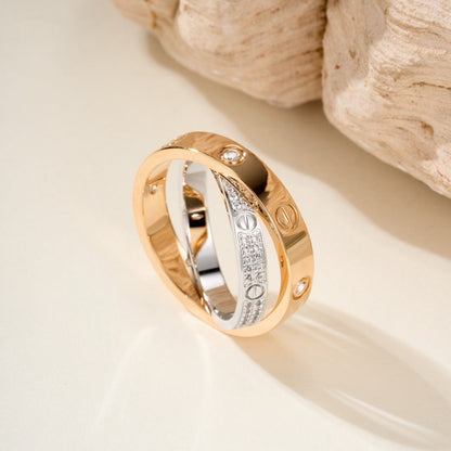 [✨ROSE💎]LOVE PINK GOLD SILVER DIAMOND DOUBLE RING