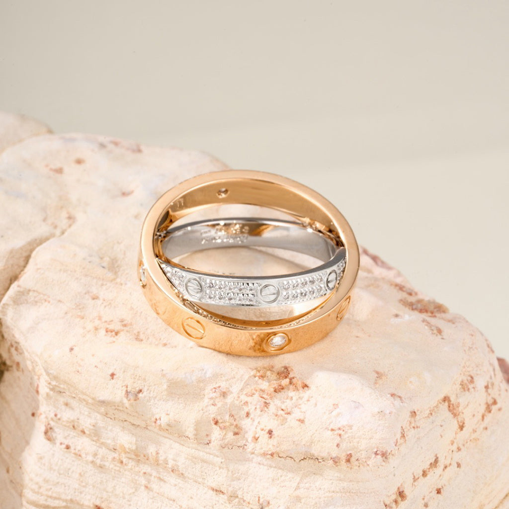 [✨ROSE💎]LOVE PINK GOLD SILVER DIAMOND DOUBLE RING