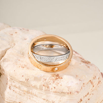 [✨ROSE💎]LOVE PINK GOLD SILVER DIAMOND DOUBLE RING