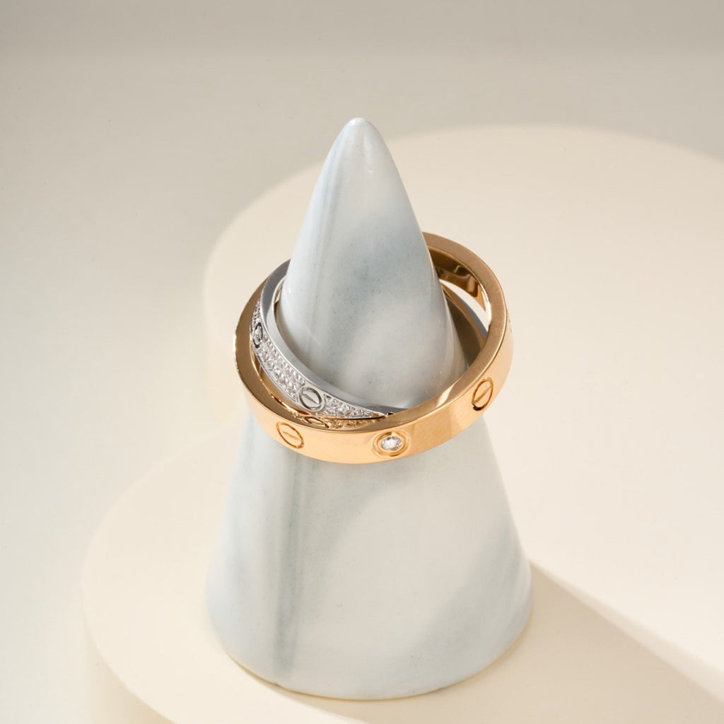 [✨ROSE💎]LOVE PINK GOLD SILVER DIAMOND DOUBLE RING