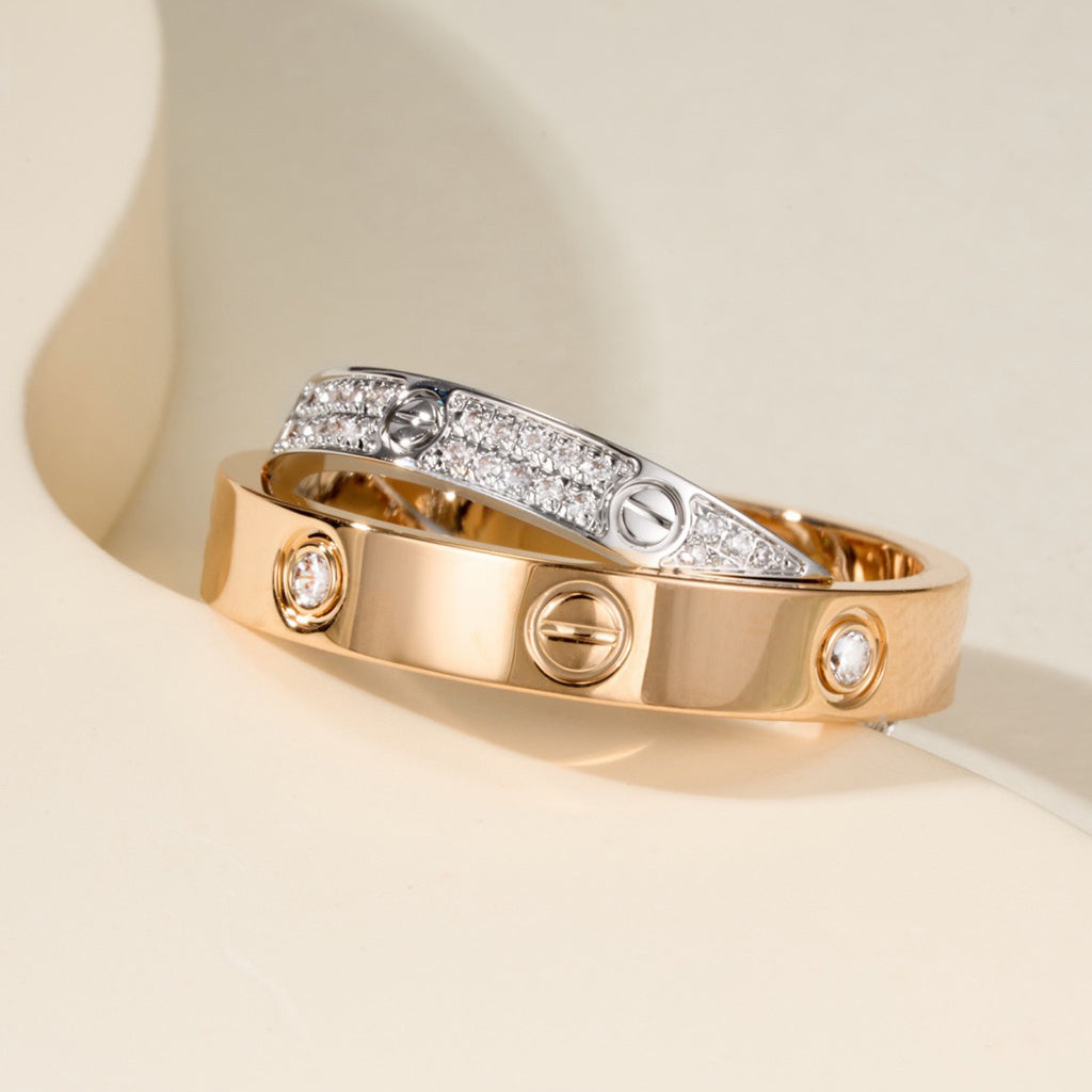 [✨ROSE💎]LOVE PINK GOLD SILVER DIAMOND DOUBLE RING
