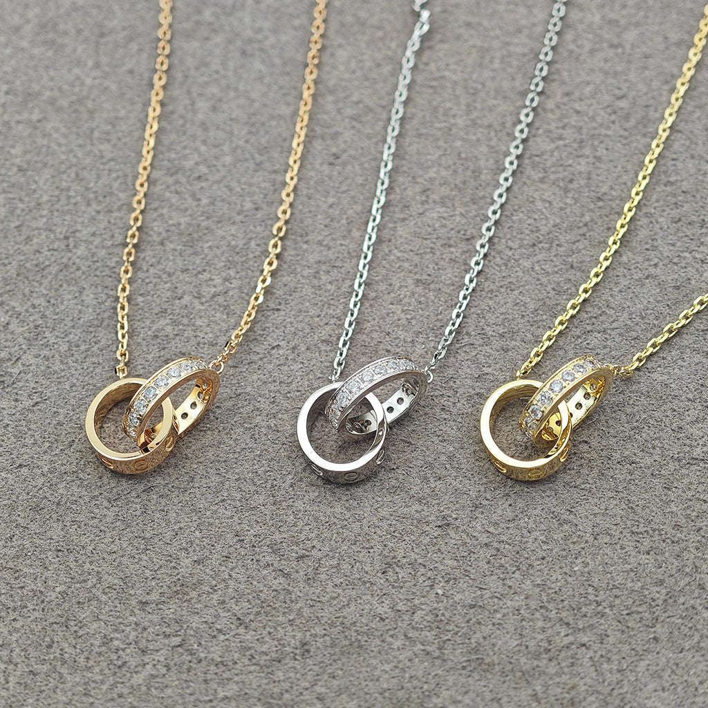[✨ROSE💎]LOVE DOUBLE RING HALF DIAMOND NECKLACE