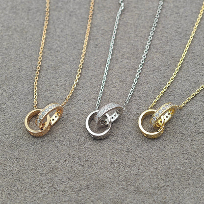 [✨ROSE💎]LOVE DOUBLE RING HALF DIAMOND NECKLACE