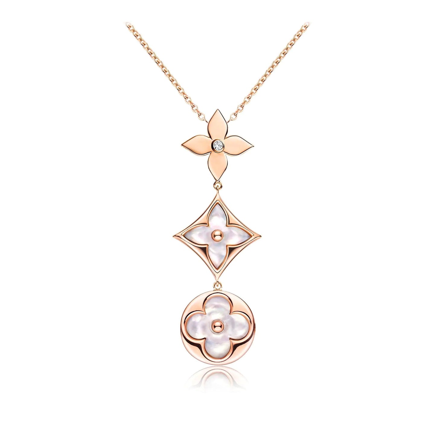 [✨ROSE💎]COLOR BLOSSOM LARIAT NECKLACE PINK GOLD WHITE MOTHER PEARL AND DIAMOND