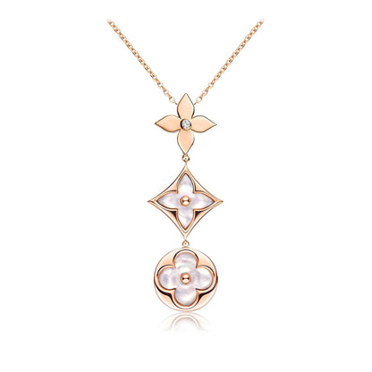 [✨ROSE💎]COLOR BLOSSOM LARIAT NECKLACE PINK GOLD WHITE MOTHER PEARL AND DIAMOND