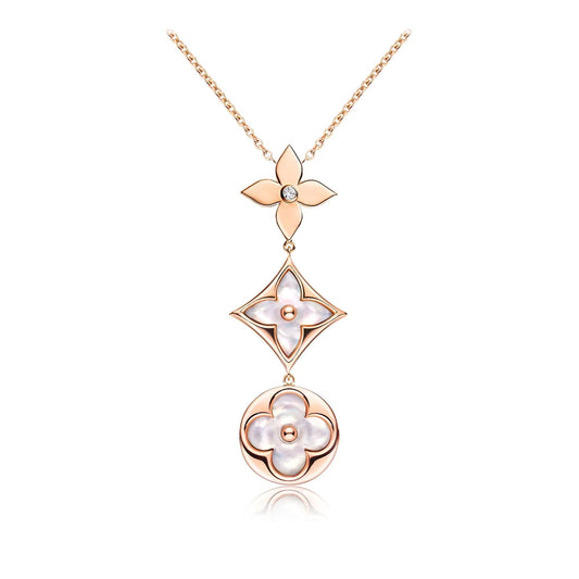 [✨ROSE💎]COLOR BLOSSOM LARIAT NECKLACE PINK GOLD WHITE MOTHER PEARL AND DIAMOND